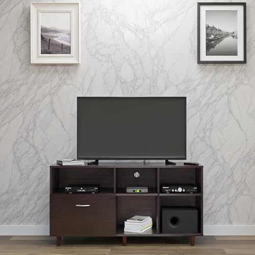 Image of VIKI Modern TV Unit for Living Room | Engineered Wood TV Cabinet with 1 Drawer Storage & 3 Open Shelves, Set Top Box Stand, Entertainment Unit, 140W x 74H x 40D cm | DIY | 1 Year Warranty (Wenge)
