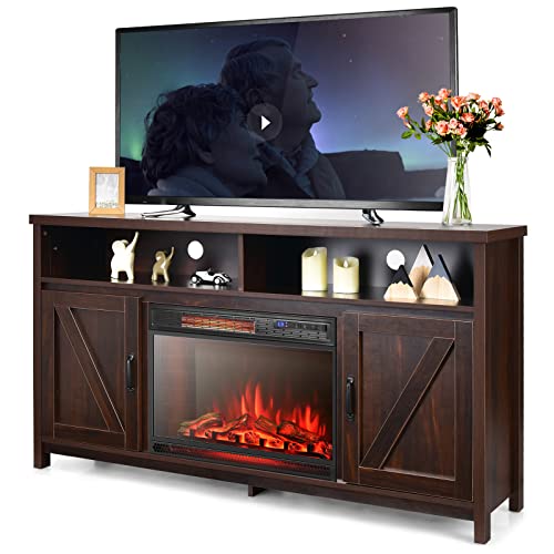 Tangkula Electric Fireplace TV Stand, for TVs up to 65 Inches, with 25 Inch 1350W Reccessed Faux Fireplace, 3 Flame Setting, 4 Brightness Remote Control and Timer,Fireplace Insert TV Stand (Coffee)