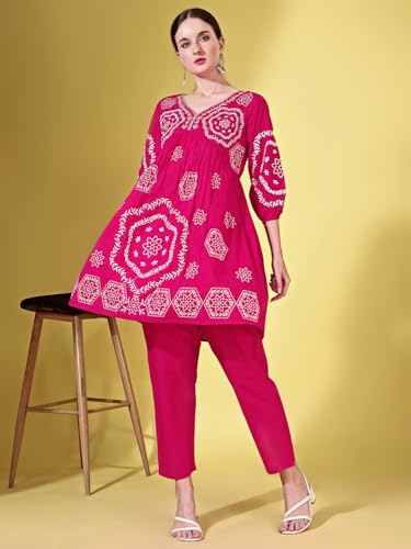 Womanista Women's Pure Cotton Solid Regular Embroidered Co-Ord Set 9136_Fuchsia