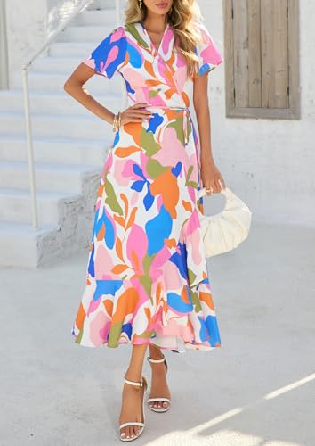Image of PRETTYGARDEN Women's Summer Wrap Maxi Dress Casual Boho Floral V Neck Short Sleeve Ruffle Hem Split Beach Long Dresses
