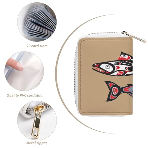 Women Leather Coin wallet, Key Change Organizer Zipper Card Holder Purse Clutch Pouch Pocket 4.5x3.15 in Print Salmon Fish Native American Style On Brown4