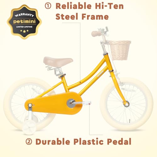 Image of Petimini Vintage Kids Bike for Girls, 12-20 Inch Classic Bicycle with Wicker Basket & Bell, High Tensile Steel Frame, Training Wheels (12-18 inch), 85% Pre-Assembled, Retro Bike for Outdoor Riding