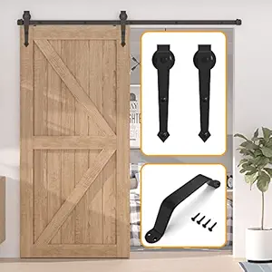 STIALO 6 FT Barn Door Hardware Kit, Sliding Door Hardware for Single Door, Heavy Duty Black Steel Arrow Shape Hanger, Include Track Kit, Floor Guide & Pull Handle