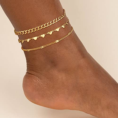 Gold Ankle Bracelets For Women, 14K Gold Plated Layered Heart Anklets For Women Waterproof Dainty Cuban Link Gold Anklets For Women Girls Summer Beach Foot Chain Jewelry Gifts #TOP1