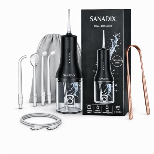 Irrigador Dental Portátil SANADIX 300ml - Diseñado por Higienista Dental con Experiencia en Clínica - Ideal para Limpieza de Encías, Ortodoncia e Implantes - Limpieza Bucal Profunda en Casa