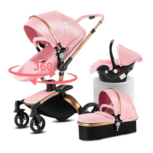 Doraystar 360° Rotation Cuir PU Poussette 3 en 1, Pousette Bebe avec Conception Pliable en Un Clic, Pousette Canne avec Grande Nacelle Confortable, Poussette...