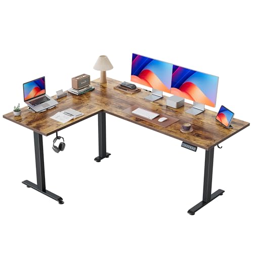 Image of Agilestic L Shaped Standing Desk 63 inch Adjustable Height, Electric Corner Standing Desk, Sit Stand Computer Table with Splice Board, Rustic Brown
