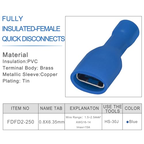 Heschen Schnellkupplungsbuchse Vinyl vollisoliert, FDFD2-250, 6,3 x 0,8 mm Kabelschuh, für 1,5-2,5 mm² (16-14 AWG), Blau, 100 Stück
