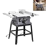 Table Saw, 10 in Portable Benchtop Table Saw with Stand & Push Stick, 5000RPM 15 Amp Powerful Tablesaw with 90°Cross Cut & 0-45° Bevel Cut