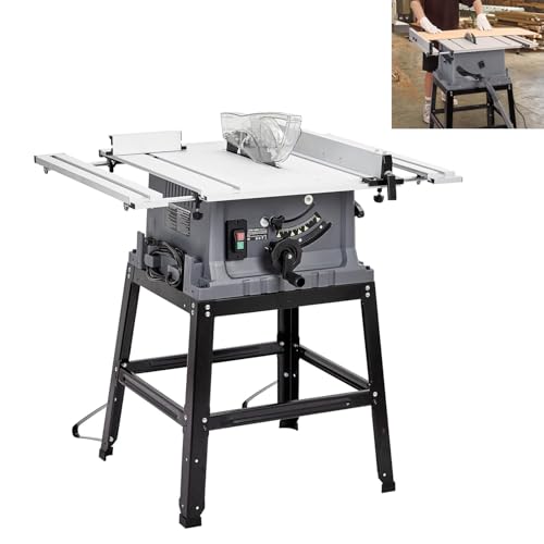 Table Saw, 10 in Portable Benchtop Table Saw with Stand & Push Stick, 5000RPM 15 Amp Powerful Tablesaw with 90°Cross Cut & 0-45° Bevel Cut