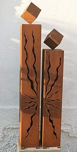 Gartendekoshop24 - Gartendeko Rost, Metall, 2 Rostsäulen 100/80 cm mit Würfel. Handgemachte Säulen aus Edelrost, Stelen, als Paar mit Würfel für Ihren Garten, oder als Geschenk, wetterfest.