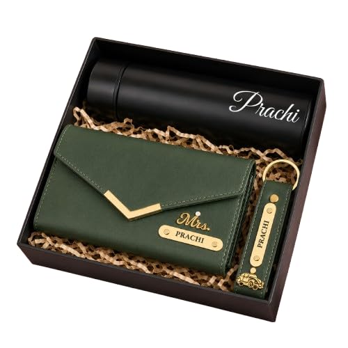 stealy Women’s PU Leather Wallet Clutch Gift Set with Customised Name Plate, Matching Keychain & Insulated Bottle | Bi-Fold Casual/Formal Hand Clutch Gift Set-picture-10