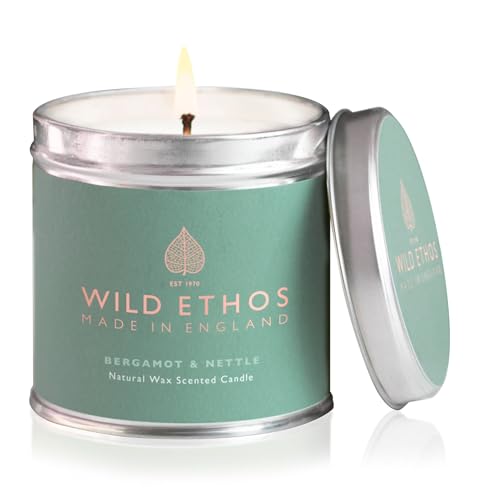 Wild Ethos Naturals Premium Scented Natural Wax Tin Candle - Bergamot & Nettle Scent - Hand-Poured in UK - Burn Time 40+ Hours - Natural Ingredients for Less Smoke & Slow Burn
