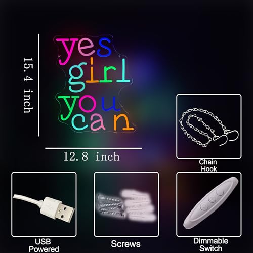 Image of Yes Girl You Can Neon Sign for Wall Decor,Positive Feminist Motivation Rainbow Neon Led Sign for Home Decoration Room Decor Gifts for Girl