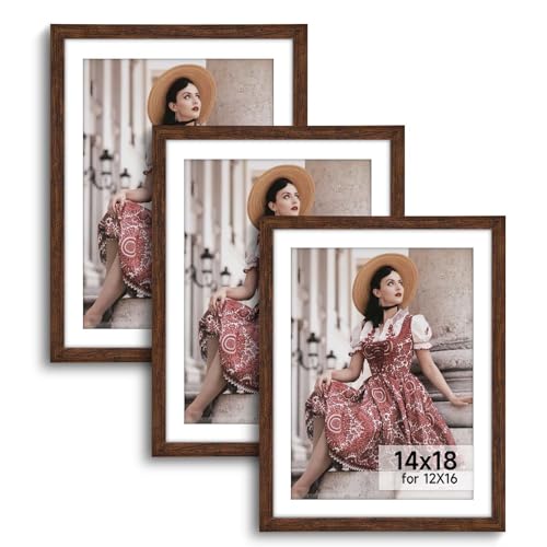 Image of HLiWEGNS Dark Brown 14x18 Frame Set of 3 - Rustic Woodgrain 14x18 Poster Frame for Pictures 12x16 with Mat or Picture Frame Without mat for Wall Gallery Display - Ideal Christmas Day
