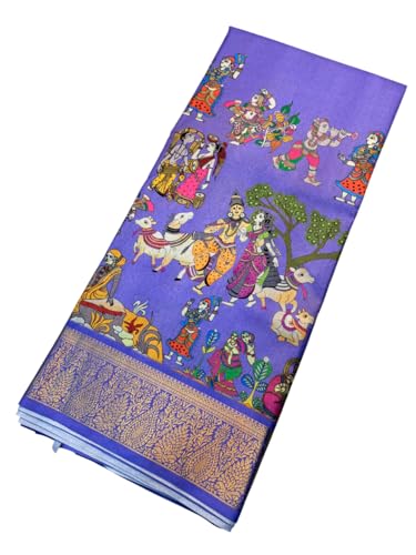 Image of Kalamkari Floral Prints Dola Silk Saree With Rich Zari Border Designer Pallu Attach Blouse Piece