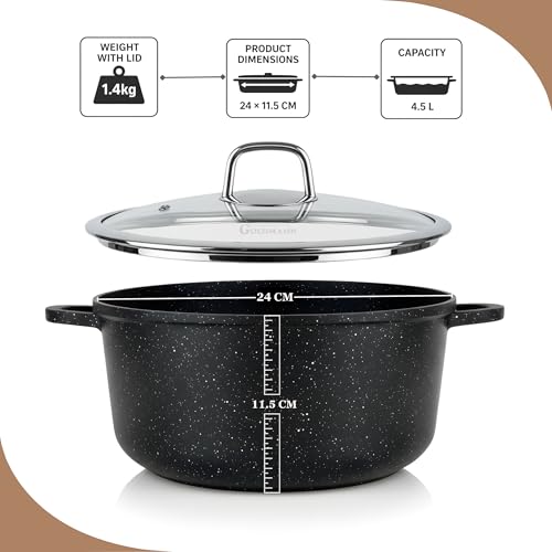 GOLDMANN Kochtopf aus Aluminiumguss, 24 cm - 4.5 L, antihaftbeschichtete Keramik-Marmor-Optik, Glasdeckel, induktions- und für alle Herdarten geeignet, ofenfest und PFOA-frei 3