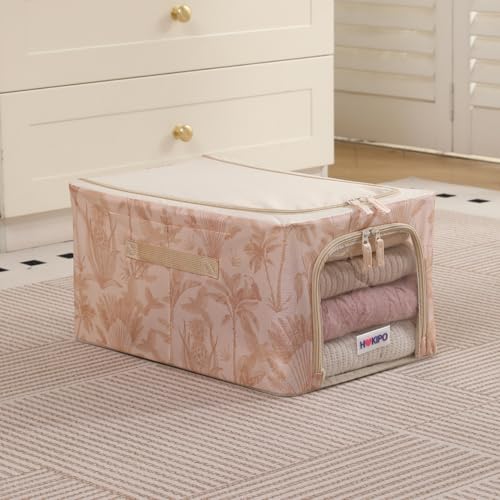 Image of HOKIPO Clothes Storage Box, 600D Oxford Fabric Organiser for Wardrobe, Beige Botanica - Medium Pack of 1 (AR-6488-BGE)