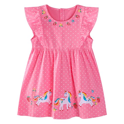 Baogaier Vestidos Niña Vestido Algodon con Botones Cómodo Transpirable Casual Verano Manga Volante Unicornio Lunares Rojos Fiesta Princesa Infantil T-Shirt Ropa Regalo Niños 4 5 años