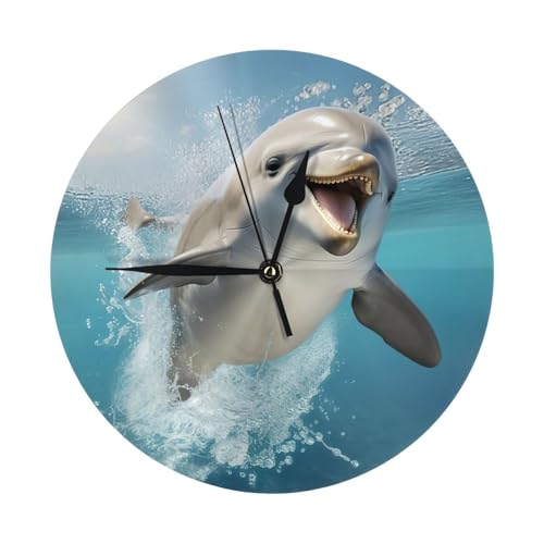 Kashinn Moderno reloj de pared redondo silencioso único y divertido con estampado de delfín, sin tictac, para decoración del hogar y la oficina