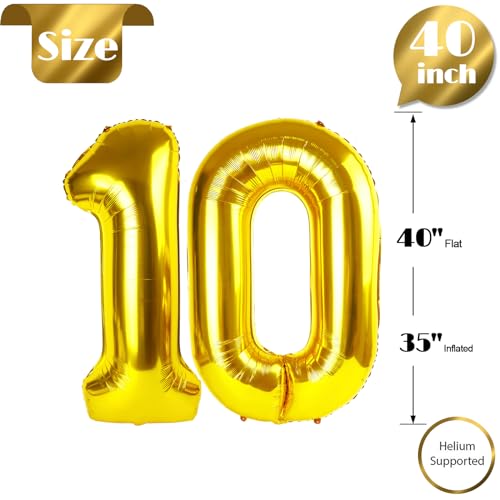 Image of Gold Number 10 Balloon 40 inch, 10 Number Balloons, 10th Gold Birthday Decorations, 10 Year Old Golden Party Supplies