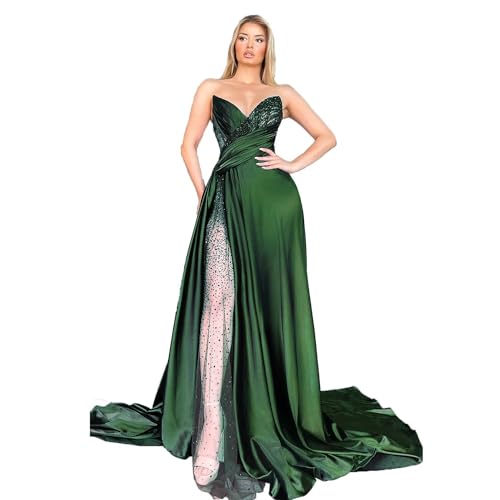 Women's Satin Prom Dresses Long Split A-Line Sleeveless Beaded Sexy Floor Length Formal Evening Party Gowns