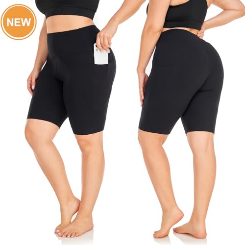MOREFEEL 3 Pack Plus Size 8" Biker Shorts with Pockets for Women-High Waist Non-See Through Workout Black Yoga Short2