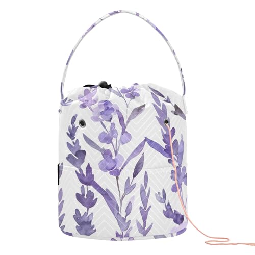 Yarn Storage Bag Small Crochet Bag Knitting Bag Organizer Lavender Watercolor Floral Yarn Bags for Crocheting Basket