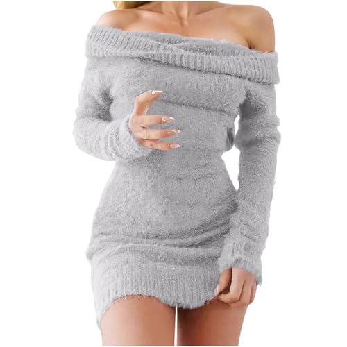 Oplxuo Women's 2024 Fall Winter Off Shoulder Bodycon Sweater Dress Sexy Fuzzy Knit Pullover Short Mini Party Club Dresses