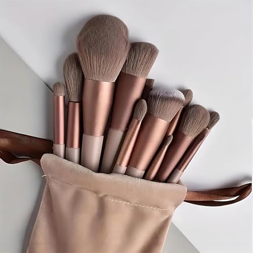 Image of GLUN Professional Makeup Brushes 13 Piece Set Brown Colour, Travel Makeup Brushes with Cloth Bag for Makeup Artists, Foundation, Powder, Concealer, Eyeshadow, Blush, Highlighter, Eyebrow, Brushes