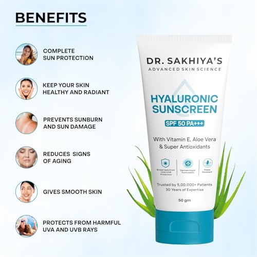 Image of DR. SAKHIYA'S 1% Hyaluronic Sunscreen Aqua Gel with SPF 50 PA++++ For Broad Spectrum, UV A, UV B & Blue Light Protection - 50g (Pack Of 1) / Non-Comedogenic /Non-greasy /Non-sticky