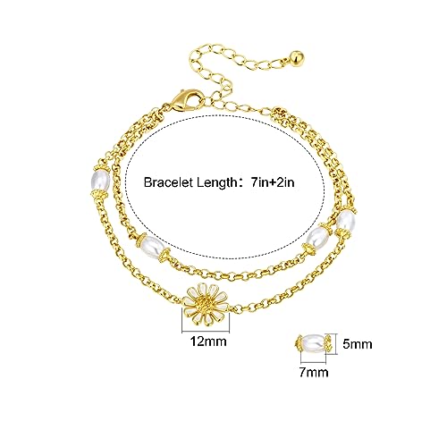 Image of Gold Pearl Bracelet for Women, REAL 14K Gold Plated Double Layered Dainty Pearls Bracelet, Elegant Stackable Flower Jewelry Gift for Her with OT Clasp