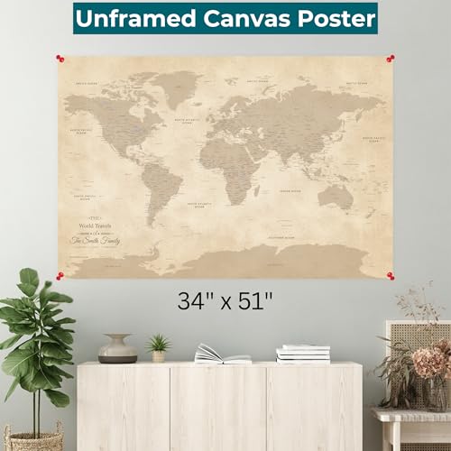 Image of Vintage Style World Travel Map Poster with Pins - Canvas Travel Tracker - Customized Map of the World - Extra Large 34 inch x 51 inch