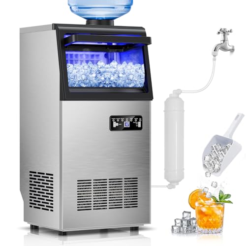 Commercial Ice Maker Machine 130Lbs/24H with 30Lbs Ice Capacity, 45Pcs Clear Ice Cubes Ready in 8-15Mins, Stainless Steel Under Counter Freestanding Large Ice Machine, 2 Water Inlet Modes