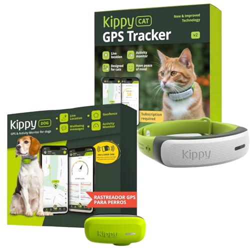 Kippy Bundle GPS per Gatto V2 e Cane - Set da 2, 1 Collare GPS per Gatto V2 e 1 GPS per Cane - Monitoraggio di Salute e Attività