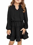 blibean Girl Fall Long Sleeve Dress Tween Kids Tiered Aline Dresses Party Boho Outfit Bohemian Solid Flowy Swing Clothes Size 14-16 Years Old Black