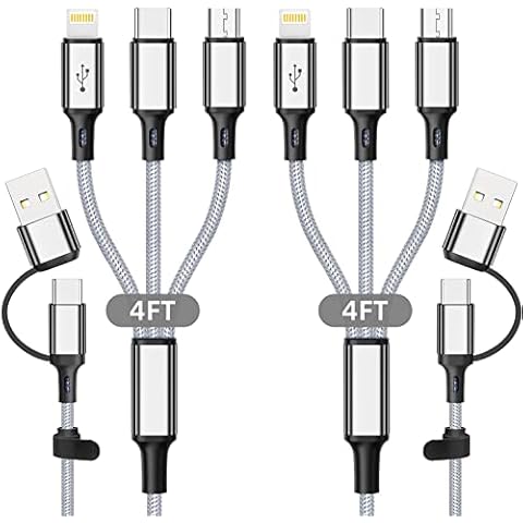 HanCenDa 6 in 1 Multi Charging Cable 2Pack 4ft Multiple Charge Cord, USB A/C to Phone USB C Micro USB Lightning Connector Nylon Braided Charging Cord Compatible with iPhone 15/15 Pro and More-Grey Cover