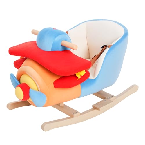 Image of Qaba Kids Rocking Horse, Wooden Plush Ride-on Plane Chair Toy with Lullby Song and Seat Belt for 18 Month +