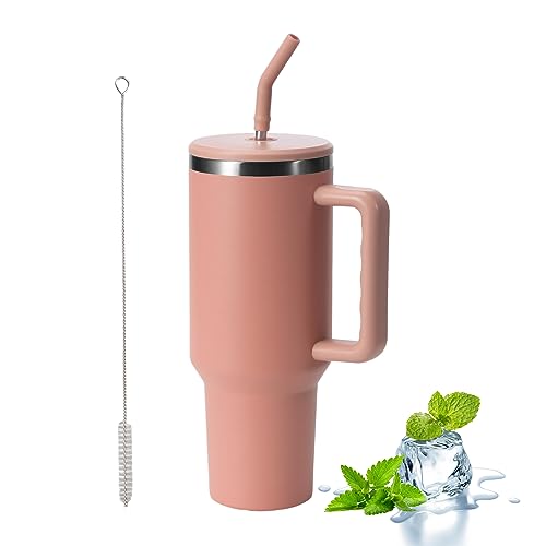 SNONRDO 1200 ml thermobeker met rietje, handvat en deksel, dubbelwandige roestvrijstalen vacuüm-isolatiebeker, draagbare drinkbeker, reisbeker, koffiebeker voor auto, kantoor, koffie, water en thee