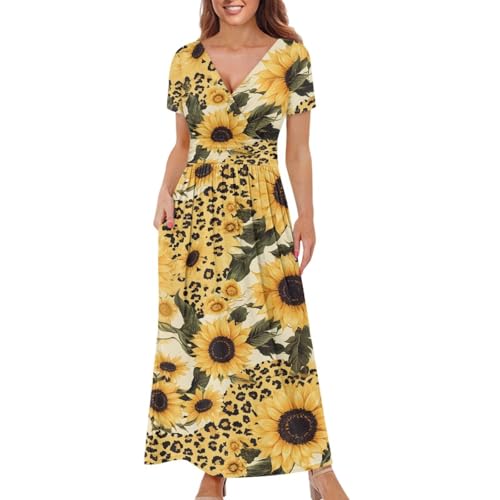 Image of Women's Fall Summer Short Sleeve Ankle Length V-Neck Party Dress with Pockets Size S-3XL