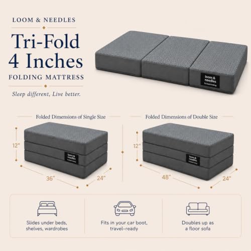 Image of LOOM & NEEDLES 3-Layer Tri-Fold Single Folding Mattress | Medium Firm Memory Foam, Aeroflow & 28D Premium HR Support Portable Foldable Guest Floor Bed | Hostel, Travel & Camping | 72x36x4 Inch