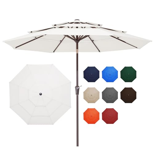 Image of JEAREY 9FT 3 Tier Patio Umbrella Outdoor Market Umbrella Table Umbrellas with 8 Ribs 1.5 Pole Push Button Tilt and Crank UV Protection for Garden,Off-white