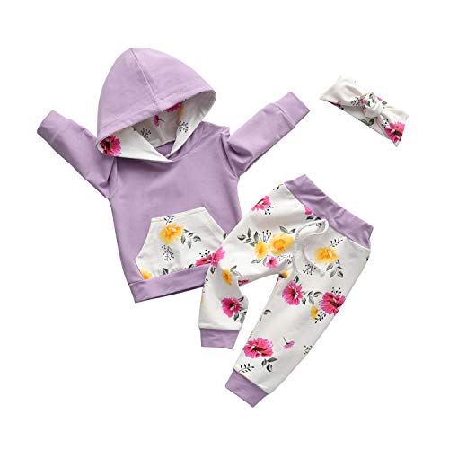 Image of Eghunooy Baby Girl Clothes Long Sleeve Floral Hoodie Sweatshirt Pants with Pocket Headband Outfit Sets