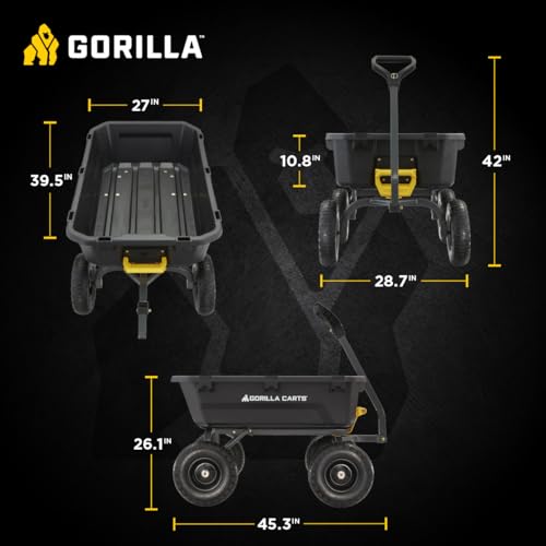 Gorilla Carts 7GCG-NF Heavy-Duty Poly Dump Garden Cart with No-Flat Tires, 7 Cubic Feet, 1200-Pound Capacity, Black, Amazon Exclusive
