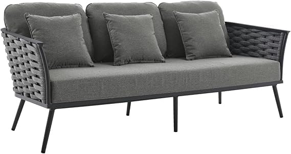 Mymigos Patio Furniture Set, 4 Pieces for Porch Backyard Garden Outdoor Furniture Rope Sofa with Wooden Top Table Premium Conversation Set with Washable Soft Cushion in Grey Color 4
