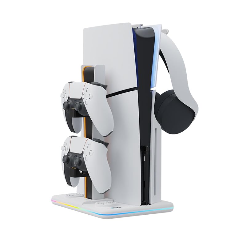Generico Supporto verticale console per PS5 Slim, dock di raffreddamento con luce ambientale RGB Gamepad Caricatore a doppia docking con gancio per cuffie per PS5 Slim Host