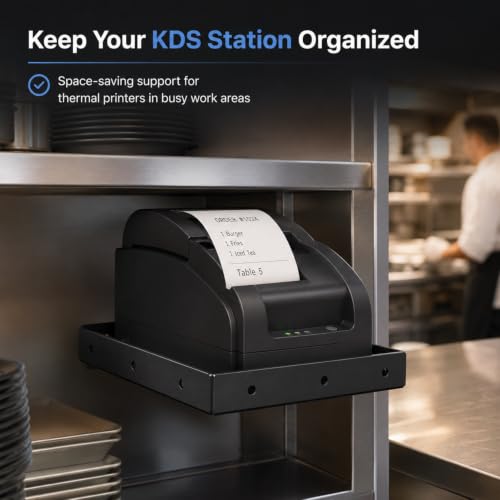 Image of Shimeyao Metal Printer Tray for POS & KDS Printers, 10.24 x 6.5 Inch Thermal Printer Stand, Wall or Shelf Mount, 4 Mounting Holes Each Side, Built in Cable Management for Kitchen, Restaurants, Retail