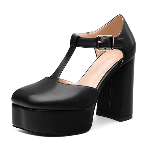 FEMSTEP Women's T-Strap Mary Jane Heels Platform High Block Chunky Square Toe Pumps Party Shopping Dating Daily Wear Dress Shoes