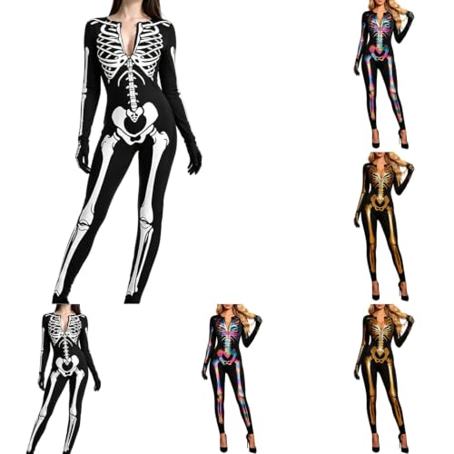 GAHIEDIM Skeleton Costume,Skeleton Costume Adult Zip‑Up Jumpsuit Print Cosplay Outfit Halloween Costumes For Themed Party Black 01 Large