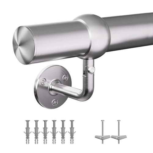 Stair Handrail Kit,5FT Heavy Duty Wall Mounted Railing System 304 Stainless Steel 1-11/16 Inch Pipe Indoor Outdoor Use Secure Grab Bar for Wood Concrete Brick Walls Staircase Railing Silver